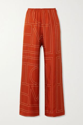 Totême + Embroidered Silk-Twill Wide-Leg Pants