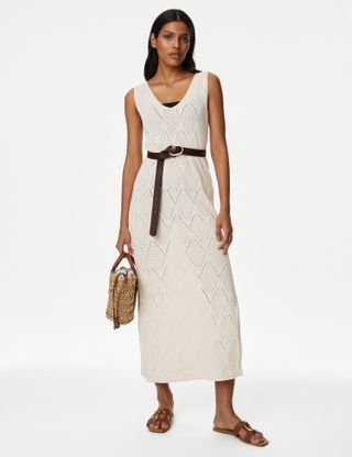 M&S Collection + Cotton Rich Textured V-Neck Knitted Dress