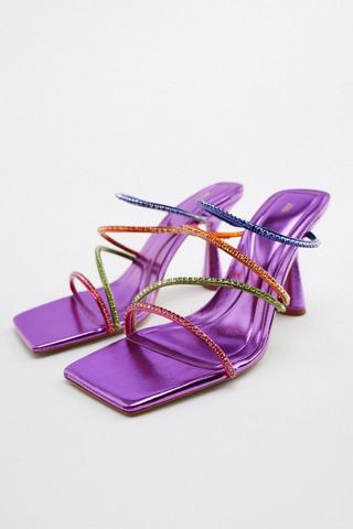 Zara + Heeled Sandals With Rhinestone Straps