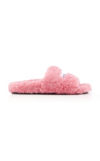 Balenciaga + Furry Embroidered Faux Shearling Slide Sandals
