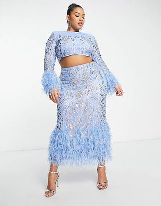 ASOS Luxe + Curve Co-Ord Embellished Gemstone Midi Skirt With Feather Hem in Blue