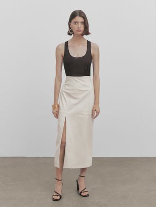 Massimo Dutti + Long Leather Skirt With Opening
