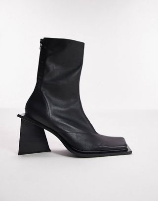 Topshop + Halo Premium Leather Square Toe Heeled Boot in Black