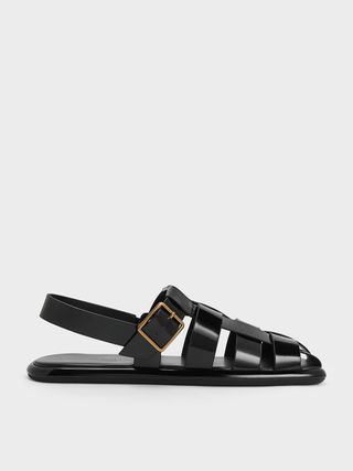 Charles & Keith + Black Metallic Buckle Caged Patent Slingback Sandals