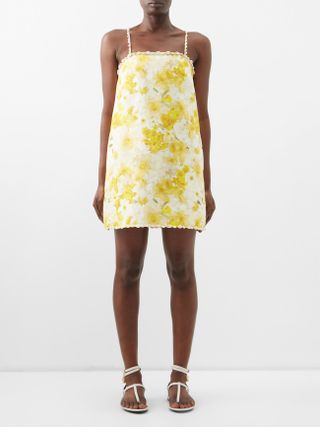 Zimmermann + Wonderland Shell-Trim Printed Linen Mini Dress