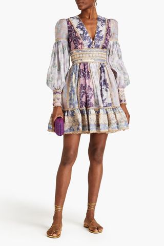 Zimmermann + Lace-Trimmed Floral-Print Linen And Silk-Blend Mini Dress