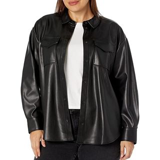 The Drop + Faux Leather Long Shirt Jacket