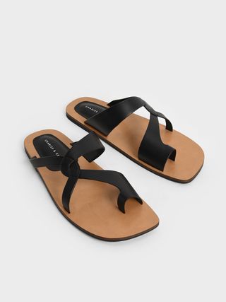 Charles & Keith + Black Toe-Ring Strappy Slide Sandals