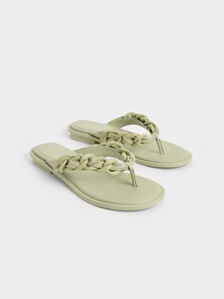 Charles & Keith + Sage Green Braided Chain-Link Strap Thong Sandals