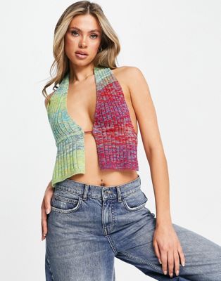 Asos Design + Knitted Halter Neck Top With Open Back in Space Dye