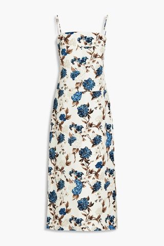 Tory Burch + Lace-Up Floral-Print Ottoman Midi Dress