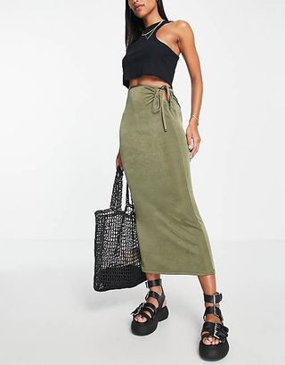 Topshop + Cut-Out Tie Waist Slink Jersey Midi Skirt in Khaki