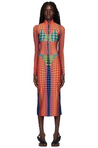 Jean Paul Gaultier + Purple & Orange Cyber Dots Midi Dress