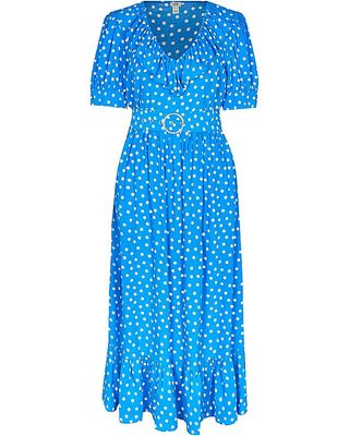 River Island + Blue Belted Spot Print Frill Hem Midi Dress