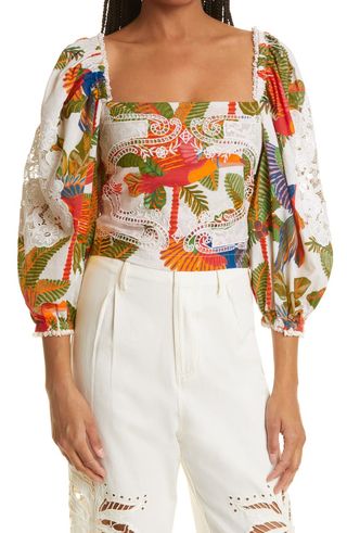 Farm Rio + Forest Birds Smocked Embroidered Blouse
