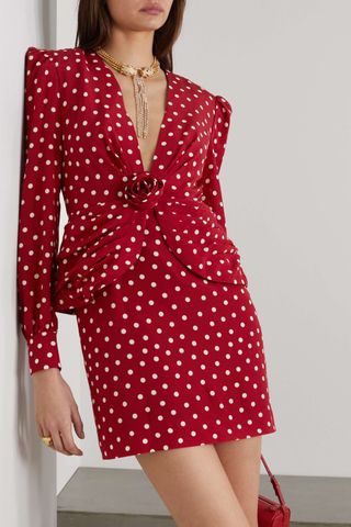 Alessandra Rich + Ruched Polka-Dot Silk Crepe De Chine Mini Dress