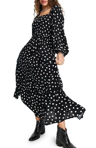 Topshop + Spot Polka Dot Smocked Long Sleeve Maxi Dress