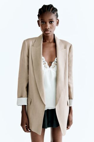 Zara + Linen Blazer With Printed Sleeves