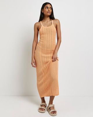 River Island + Orange Knitted Backless Maxi Dress