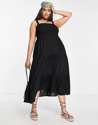 Yours + Strappy Shirred Tiered Midi Dress in Black
