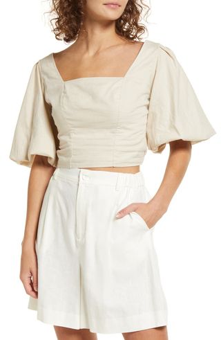 Open Edit + Puff Sleeve Linen Blend Crop Top