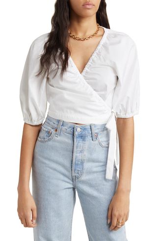 Open Edit + Puff Sleeve Cotton Poplin Wrap Blouse