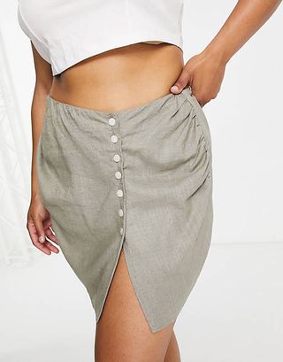ASOS + Curve Wrap Linen Mini Skirt With Buttons in Natural Fleck in Khaki