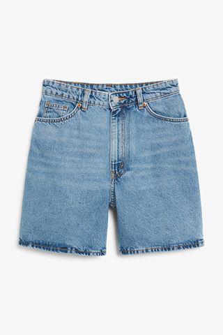 Monki + Medium Blue High Waist Denim Shorts