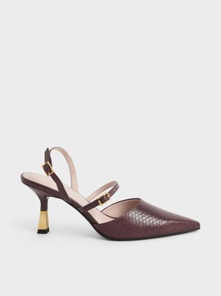 Charles & Keith + Brown Snake-Print Double Strap Slingback Pumps
