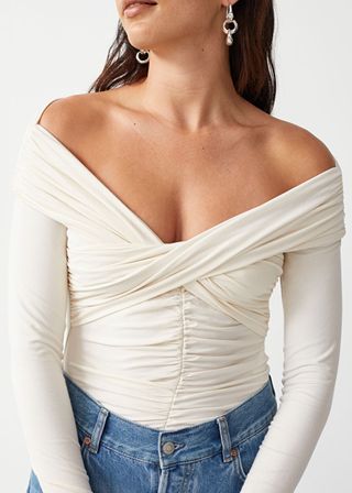  Other Stories off shoulder ribbed sweater in silver