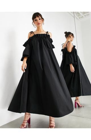 Asos Design + Cold Shoulder Long Sleeve Midi Dress