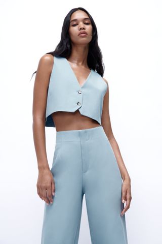 Zara + Cropped Linen Blend Vest