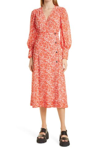 Ganni + Abstract Floral Long Sleeve Crepe Dress