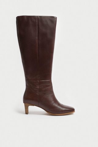 Warehouse + Real Leather Knee High Wooden Heeled Boot