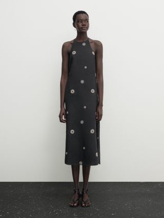 Massimo Dutti + Linen Halter Dress With Contrast Embroidery