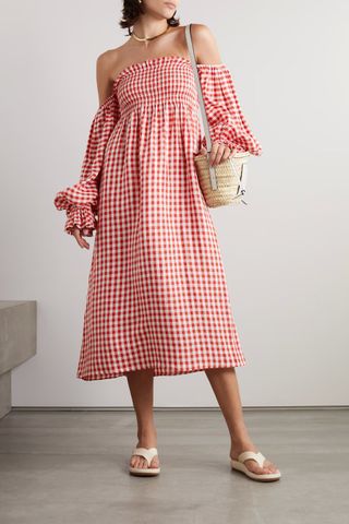 Sleeper + + Net Sustain Atlanta Shirred Linen-Blend Midi Dress