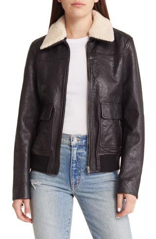 Treasure & Bond + Leather Bomber Jacket With Removable Faux Shearling Trim