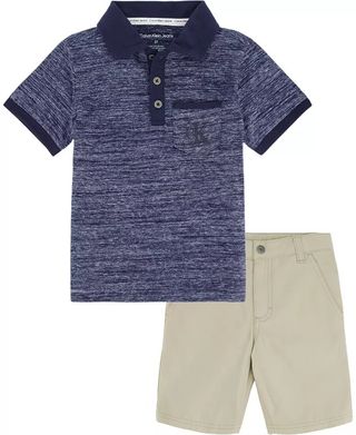 Calvin Klein + Little Boys Contrast Jersey Polo Shirt and Twill Shorts, 2 Piece Set