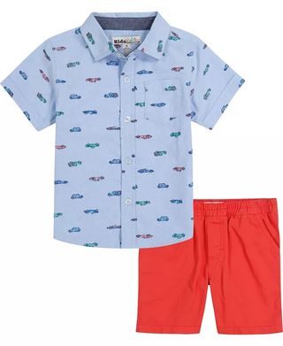Kids Headquarters + Little Boys 2 Piece Short Sleeve Printed Oxford Shirt and Twill Shorts Set