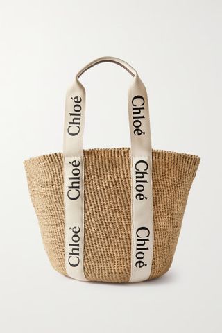 Chloé + Woody Large Leather-Trimmed Raffia Tote