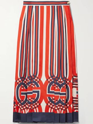Gucci + Love Parade Pleated Printed Silk-Satin Twill Midi Skirt