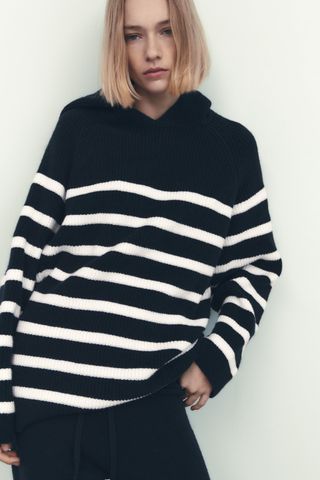 Zara + Striped Knit Hooded Sweater