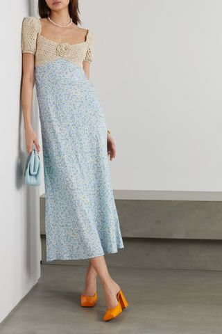 Rixo + Sardinia Open Back Crochet-Knit and Floral-Print Linen-Blend Maxi Dress