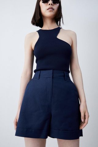 Karen Millen + Tailored Linen Blend High Waist Shorts