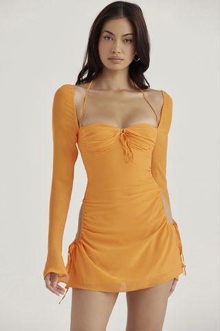 House of CB + Baby Tangerine Chiffon Halter Mini Dress