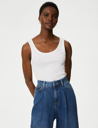 M&S Collection + Cotton Rich Ribbed Slim Fit Vest Top