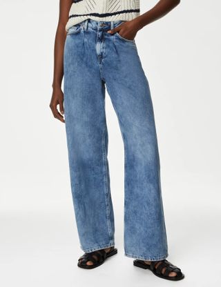 M&S Collection + Linen Blend High Waisted Wide Leg Jeans