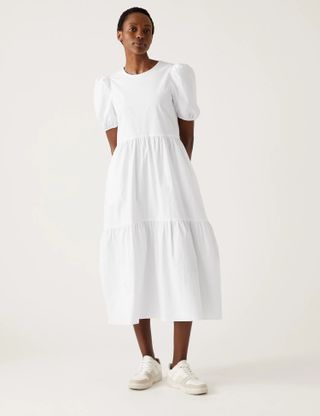 M&S Collection + Cotton Rich Puff Sleeve Midi Tiered Dress