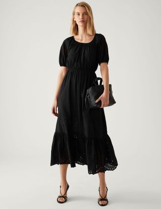 M&S Collection + Pure Cotton Broderie Midaxi Tiered Dress