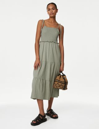 M&S Collection + Pure Cotton Jersey Shirred Midi Dress